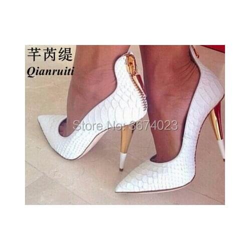 Qianruiti White Embossed Leather Pumps Pointed Toe High Heels Women Spike Heels Slip On Stilettos Wedding Party Shoes Women