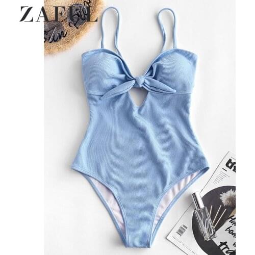 ZAFUL Ribbed Keyhole Swimsuit Knotted Cami Beachwear Padded Swimsuit Push Up One-Piece Spaghetti Straps Suit