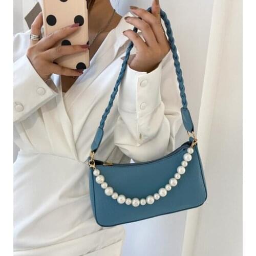 New Braided Strap Shoulder Bag Fashion Pearl Handbags Solid Underarm Bags For Women Pu Leather Lady Hand Bag