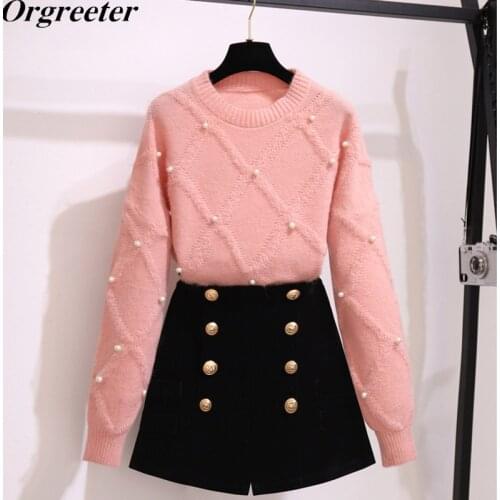 Fall Winter Velvet Shorts Sweater Set Women Solid Beaded Pullover Knitted Top+ High Waist Double Breasted Shorts Two Piece Set