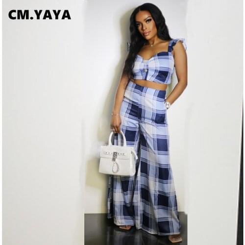 CM.YAYA Women Set Plaid Sleeveless Crop Tops Mid Waist Loose Straight Pockets Pants 2 Piece Sets Active Tracksuit Outfit Summer