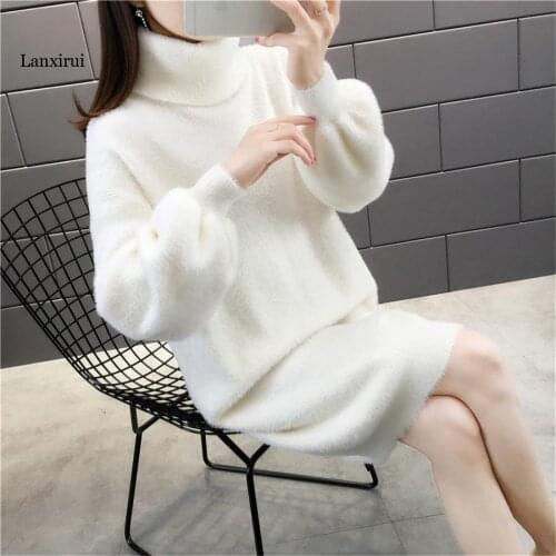 Female New Mink Velvet Turtleneck Sweater Women Elegant Slim Autumn inWter Loose Lantern Sleeves Thick Dress Outer Wear