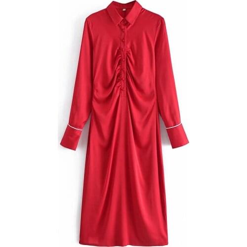2021 Ladies Fashion Noble Red Evening Dress Contrasting Slim Button Long Sleeve midi Shirt Dress Women Party Club Satin Dress