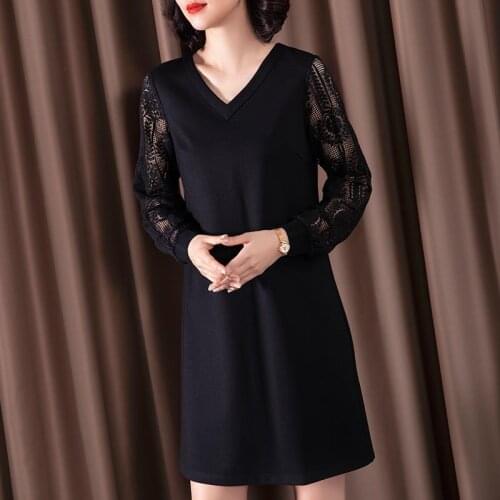 Ladies' Elegant Solid Color Slim Long-sleeved Dress Women Black Sexy Lace V-neck Temperament Versatile Hollow Stitching Dresses