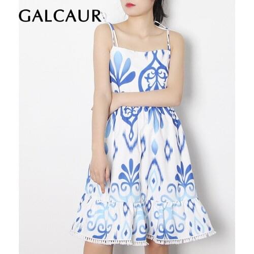 GALCAUR Print Dress For Women Square Collar Sleeveless High Waist Lace Up Bowknot Mini Dresses Female 2021 Fashion New Clothing