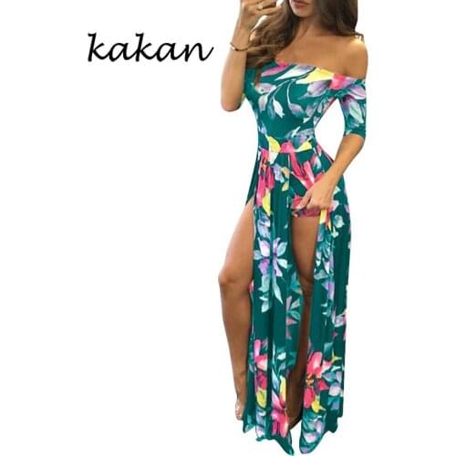 Kakan summer new large size womens color flower print dress digital print split dress green purple dark blue dress XL
