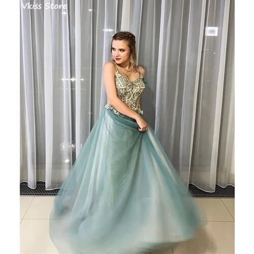 Vkiss New Evening Dress Spaghetti Strap Tulle Sexy Backless Applique V-neck Floor Length Green Prom Dress вечернее платье 2020