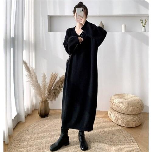 French V-Neck Sweater Dress Loose Knitwear Casual Wild Oversize Womens Autumn And Winter Bottoming Long Dress Jumper Shirt Y906