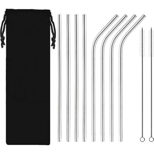 Reusable Metal Drinking Straw 304 Stainless Steel Straws Straight Bent Drinking Straw with Cleaner Brush Pouch Wholesale 10pcs