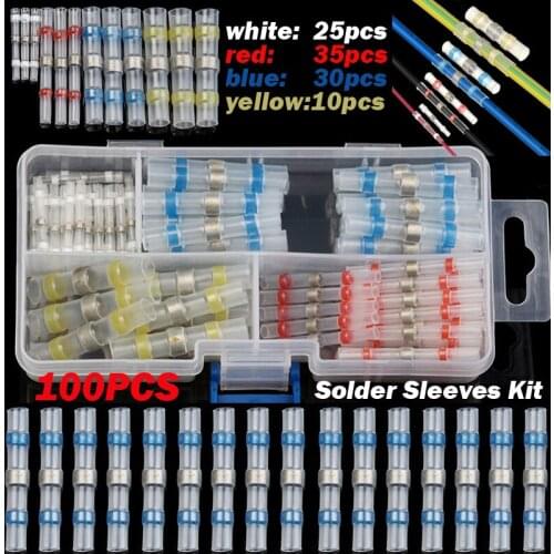 100pcs Waterproof Solder Seal Sleeve Heat Shrink Butt Elecrical Wire Connectors Splice Terminals Kit Assortment 10-26AWG