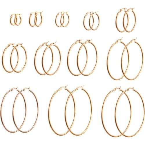 12pair/set 304 Stainless Steel Hoop Earrings Huggie Hoop Earrings for Women Round Ring Golden 12 Gauge 15-70mm