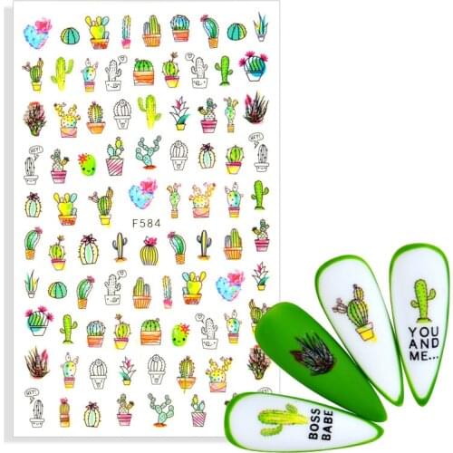 2021 New Designs Cactus Self-adhesive Nail Sticker Green Plant Leaf Watermark Flakes Slider Tattoo DIY Nail Art Decoration