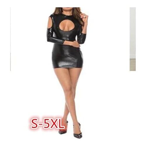 2021 Women Patent Leather Sex Hollow Long Sleeve Dress Backless Nightdress Uniforms Nightclub Clothing Fetisch Latex