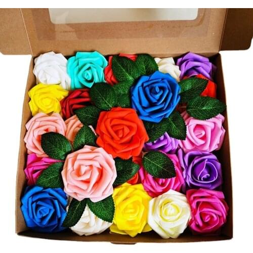 25Pcs/box PE Rose Head Artificial Flowers Fake Plants Leaves DIY Wreath Wedding Valentines Day Holding Bouquet Foam Flower Ball