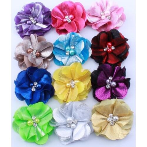 50PCS 5.5CM Fashion Ruffled Metallic Fabric Flowers With Pearls For Hair Clip Lovely Flora Flower For Shoes Apparel Headwear