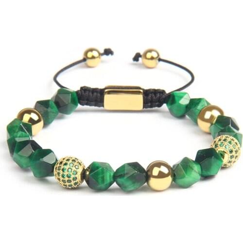 Ailatu New Luxury Faceted Cut Braiding Bracelet Tiger Eye Stone Beads Healing Anxiety Relief Jewelry Rope Chain Green Men