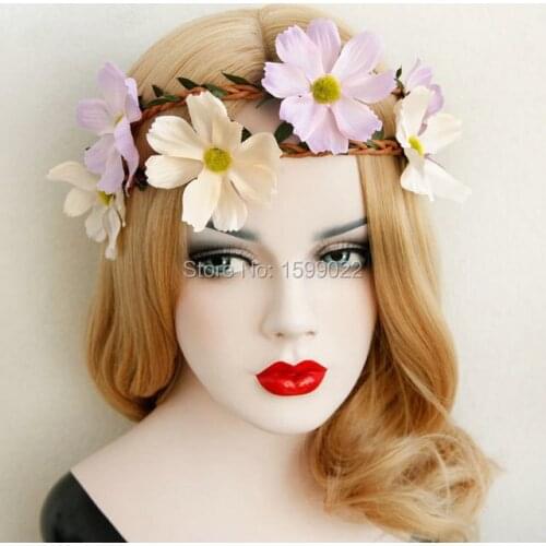 Boho Artificial Fabric Cosmos Elastic Flower Halo Headband Women Fairy Head Wreath Wedding Stage Prom Headdress Bridal Headpiece