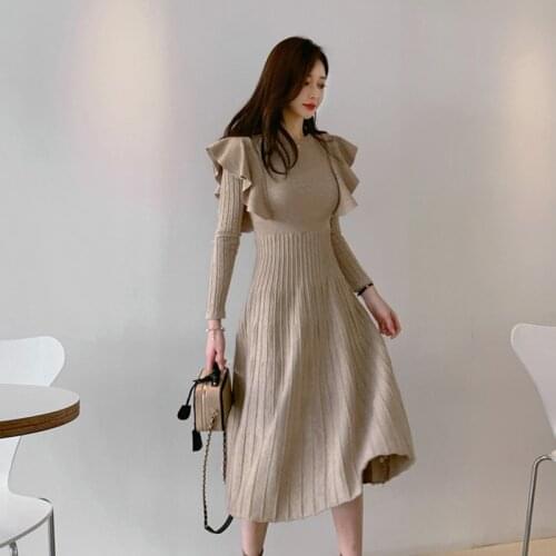 Stretchy Flared Cocktail Party Dress Pleated Womens Dress Autumn Winter High Waist Ruffle Knitted Dress Women Korean Clothing