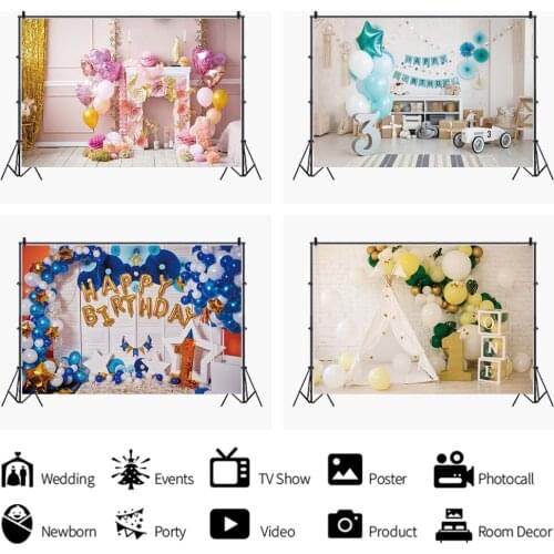 Beautiful Pink Balloons Cake Backdrops Photo Background Happy Birthday Party Decorations for Photography Props