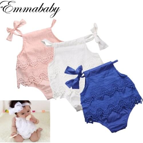 Hot Sale Newborn Baby Girls Lace Romper Sleeveless Lace Up Casual Solid Jumpsuit Outfit Sunsuit Clothes 0-18M