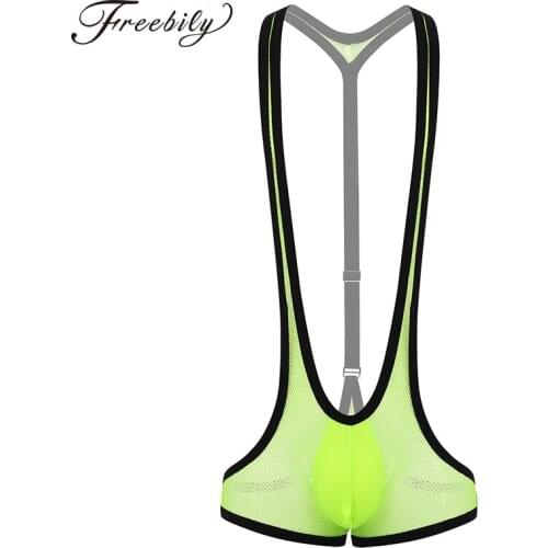 Men See-Through Sheer Fishnet Mankini Sexy Swimsuit Open Butt Leotard Swimwear Male Underwear Thong Borat Bodysuit Beachwear