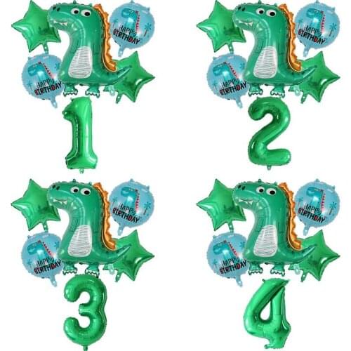 6pcs Green 30inch Number Cartoon Dinosaur Foil Balloons Set Dino Jungle World Theme Birthday Party Decoration Globos Kids Toys