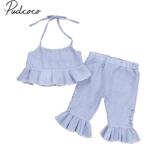 2019 Brand New Infant Kids Baby Girls 2PCS Sets Ruffles Blue Belt Vest Crops Tops+Flare Long Pants Outfit Summer Clothes 6M-5Y