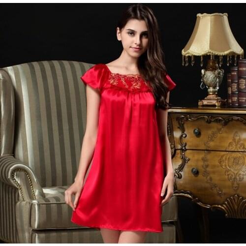 Summer pure silk sexy red sleep dress women solid color cozy sleepwear pijamas women sexy night gown BRIDESMAID