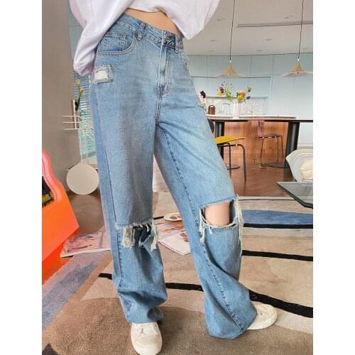 Ripped Jeans Woman High Waist 2021 Spring New Vintage Streetwear Straight Long Pants Versatile Blue Casual Femme Denim Trouser