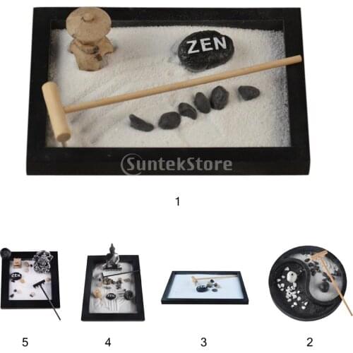 Zen Garden Sand Tray Mini Tower Stone Pebbles Rake Set Home Room Ornament