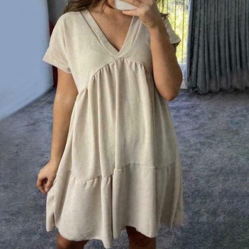 Womens Fashion Casual Dress Short Sleeve Ruffle Solid Color V-neck Loose Dress Vestido De Mujer Summer Ladies Elegant Dress
