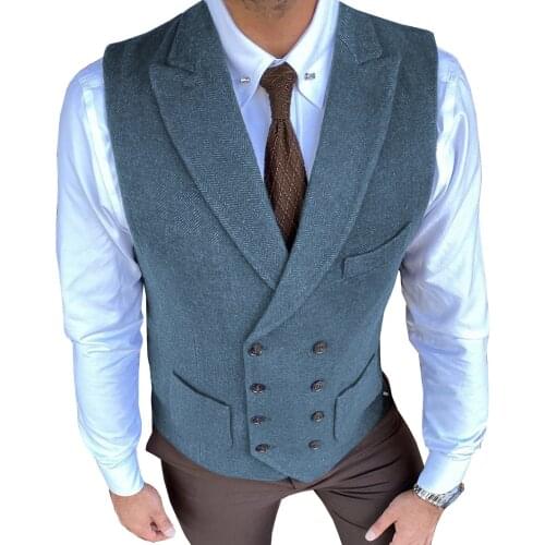 Mens Casual Double Breasted Suit Vest Herringbone Pattern Notch Lapel Waistcoat for Groomsmen for Wedding