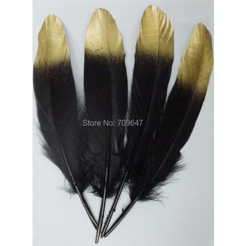 Gold Dipped black feathers, painted goose Satinettes feathers quill gold tip for millinery,wedding party deco, 13-20cm ,50pcs