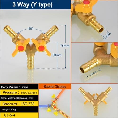 1pcs Brass 12mm 3 Way Y / T type Hose Barb Inline Shutoff Ball Valve Pipe Fittings Connector Water Oil Air Gas Fuel Small Valve