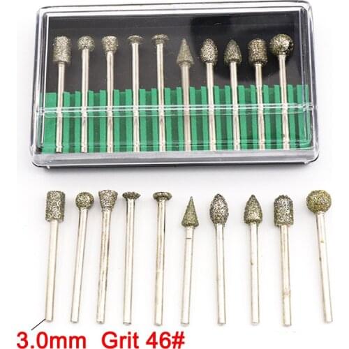 10Pcs Diamond Cutting Grinding Head Mounted Points Bit 3.0mm Shank Jade Stone Carving Polishing for Dremel Rotary Tool