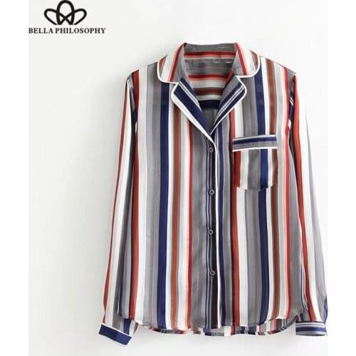 HStar 2020 spring women casual striped shirts pocket patchwork chiffo blouse v neck long sleeves fashion slim shirt