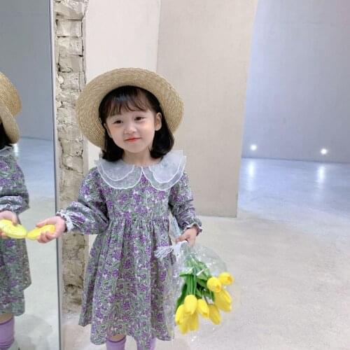 2021 Spring and Summer Grape Floral Dress for Girls Korean Baby Girl Peter Pan Collar Long Sleeve Dress Sweet and Cute Dresses