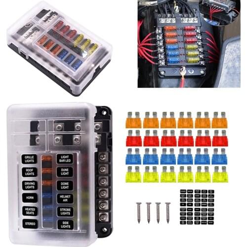 6 or 12-Way Fuse Box Blade Fuse Block Holder Screw Nut Terminal W/Negative Bus 5A 10A 15A 20A Free Fuse LED Indicator Automotive