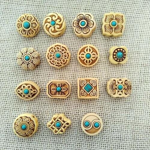 Natural Boxwood Mantra Flower Beads Inlaid Turquoises Carved Crimp End Bead Earrings Jewelry Finding Beading Supplies