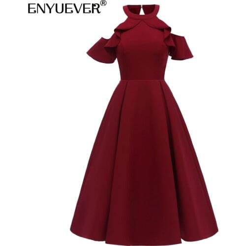 Enyuever Elegant Women Dress Fashion Casual Clothing Cold Shoulder Ruffle Sleeve Backless Midi Robe Pin Up Swing Ladies Dresses