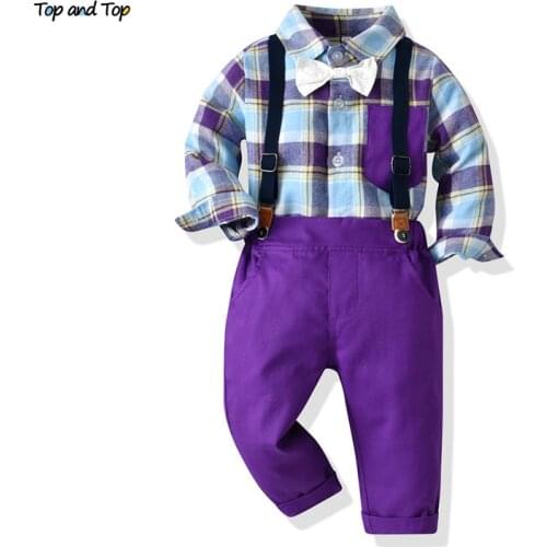 Top and top New Fashion Boys Gentleman Plaid Clothing Set Outfit Long Sleeve Shirt+Suspender Pants Kids Boy Casual 2PCS Suit