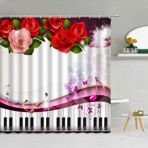 Beautiful Red Rose Yellow Flower Piano Keyboard Shower Curtain Polyester Fabric High Quality Bath Screen Home Decor With Hooks