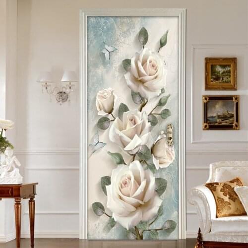 Creative 3D Flowers Door Sticker Home Decor Wall Decals DIY Self Adhesive Door Wallpaper PVC Waterproof Mural Bedroom Decoration