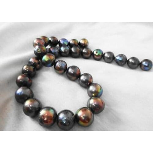 12.5-16MM SOUTH SEA GENUINE BLACK MULTICOLOR ROUND NUCLEAR PEARL NECKLACE