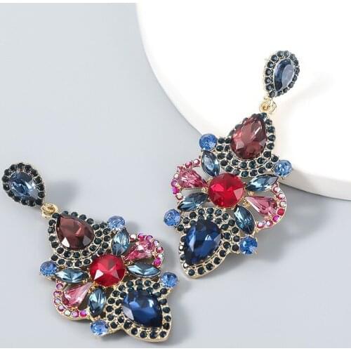Fashion Color Diamond Alloy Diamond Rhinestone Glass Diamond Geometric Flower Earrings Female Simple Ladies Jewelry Gift