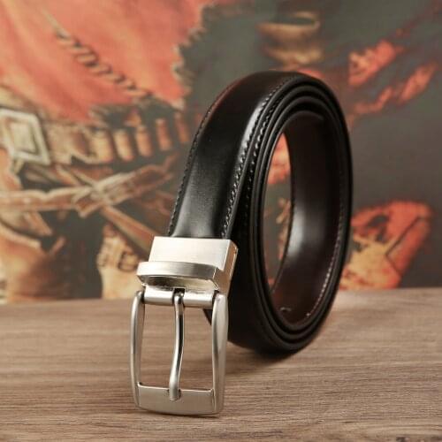 Mens leather belt reversible zinc alloy pin buckle black coffee dual-use 3.5CM belt