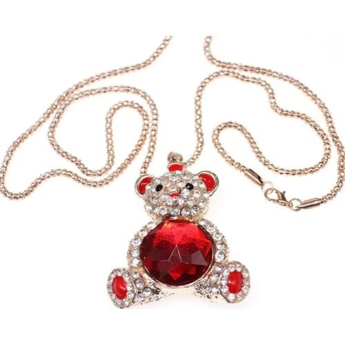 Custom Golden Tone Red Crystal Stone Cute Bear Animal Necklace Pendant Jewelry