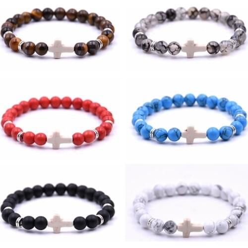 Wholesalels 6PCS Wholesale Unisex Natural Stone Cross Men Bracelet Hand Work Black Onyx Volcano Matte Beaded Charms Bracelets