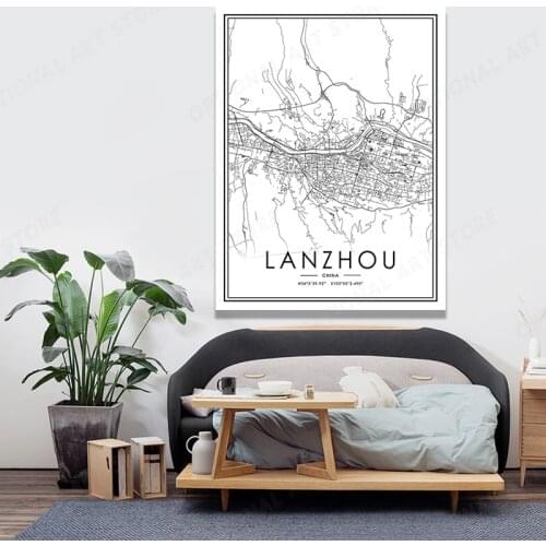 Nordic Poster Abstract Canvas Painting Line Art Drawing Print World Map Minimalist Painting Home Room Wall Decor LANZHOU Maps
