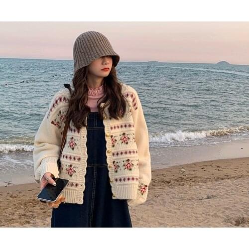 Womens Sweaters Japanese Kawaii Ulzzang Vintage Lazy Ins Casual Loose Flower Sweater Female Korean Harajuku Clothing For Women